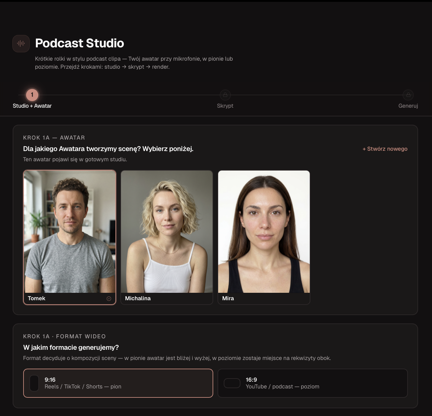 Krok 1 — wybór awatara i formatu wideo